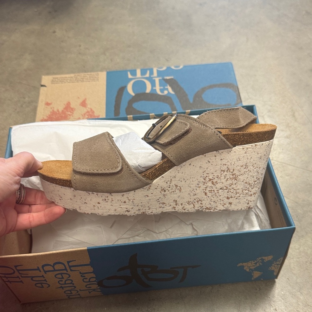 OTBT Taupe Suede Two-Strap Wedge Slide with Buckle